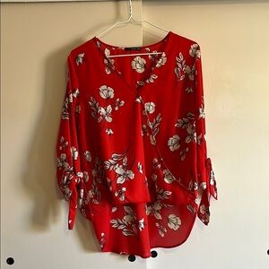 West Kei Red Floral Wrap Blouse with 3/4 Bow Sleeves